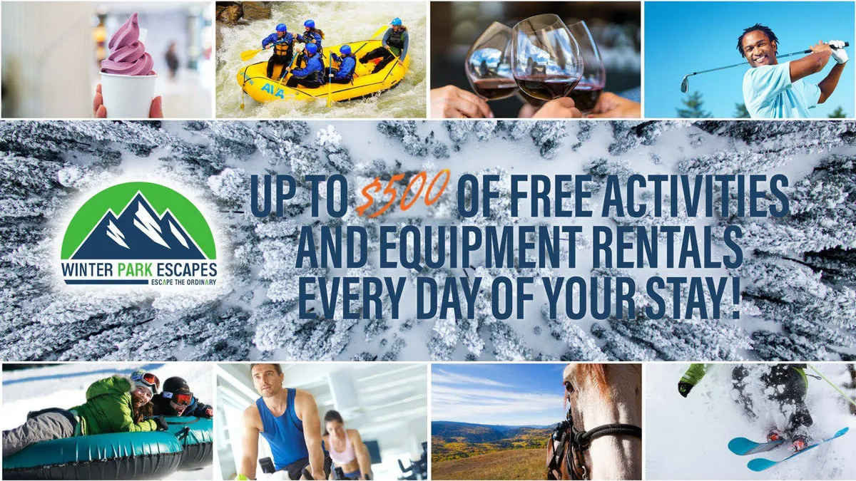 A lively exterior collage featuring activities such as rafting, skiing, golfing, horseback riding, enjoying ice cream, and wine tasting. The scene is adventurous and relaxed, capturing the essence of year-round outdoor fun available to guests.