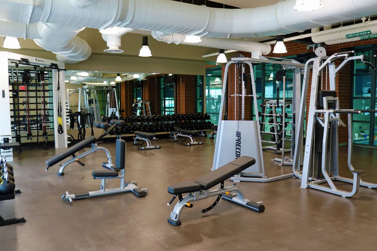 This image displays a well-equipped fitness area featuring a dumbbell rack, multi-gym machine, and exercise benches, all neatly arranged in a bright and energetic setting. The environment is designed for individual and group workouts, offering a motivating atmosphere for staying active.