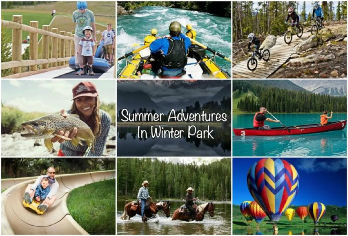 An energetic summer scene with families enjoying a mix of outdoor activities including water sports, mountain biking, fishing, kayaking, horseback riding, and even hot air ballooning. The lively atmosphere highlights the diversity of complimentary adventures available in the area.