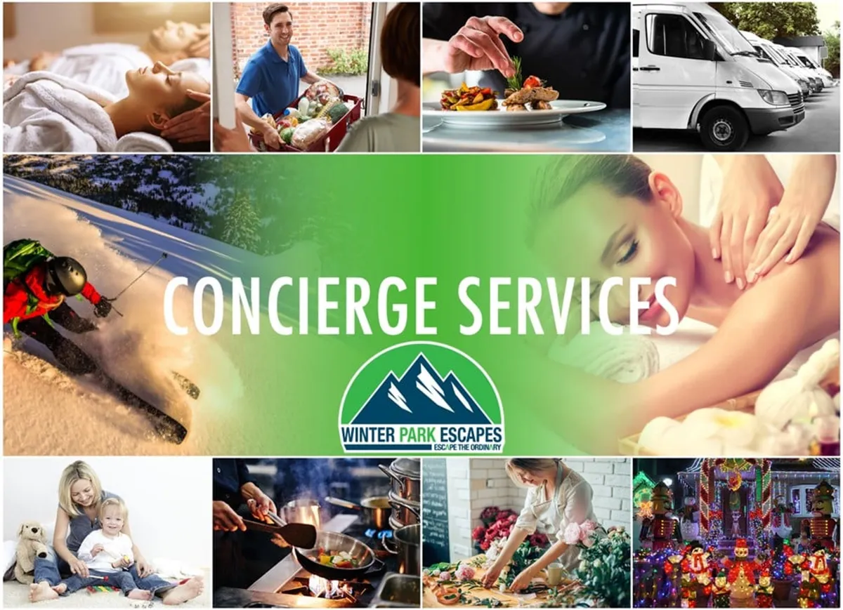 A collage-style image featuring scenes of a skier gliding down the slopes, family members bonding indoors, festive holiday decorations, food preparation, and a spa treatment. The composition blends both active winter pursuits and relaxing family moments, emphasizing a well-rounded vacation experience.
