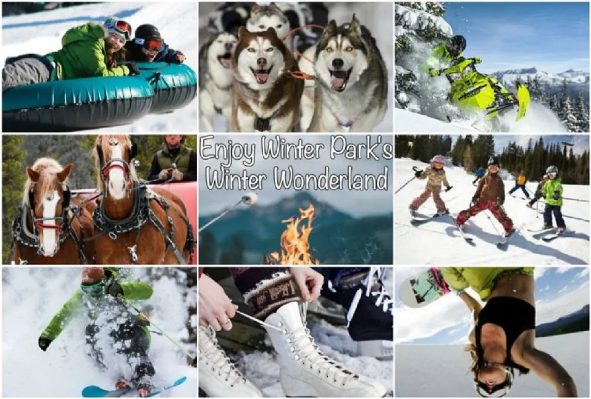 A bustling winter scene featuring people of all ages enjoying outdoor activities like tubing, skiing, snowmobiling, and ice skating. Dogs, children, and adults are interacting in a snowy landscape, with a cozy fire providing warmth amidst all the action.